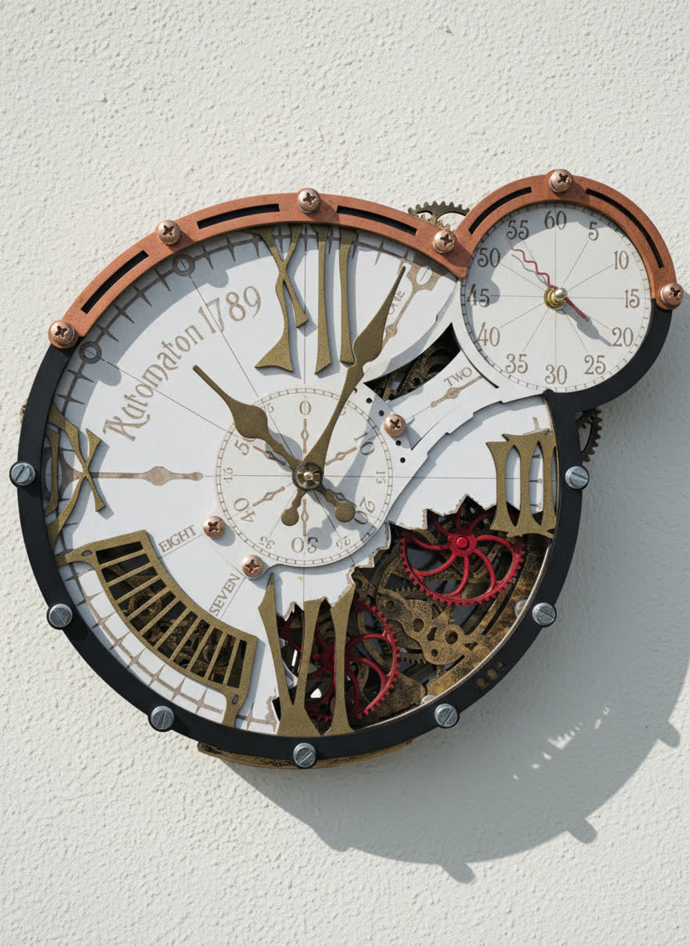 Настенные часы WOODandROOT Automaton 1789 Hermitage ручной работы с вращающимися шестерёнками и открытым механизмом