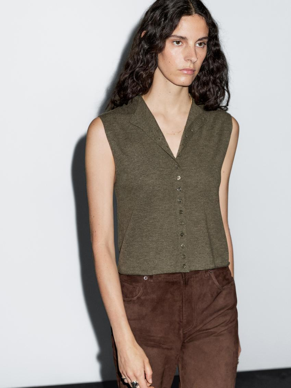 Massimo Dutti Укороченный трикотажный жилет из смесовой шерсти, зеленый