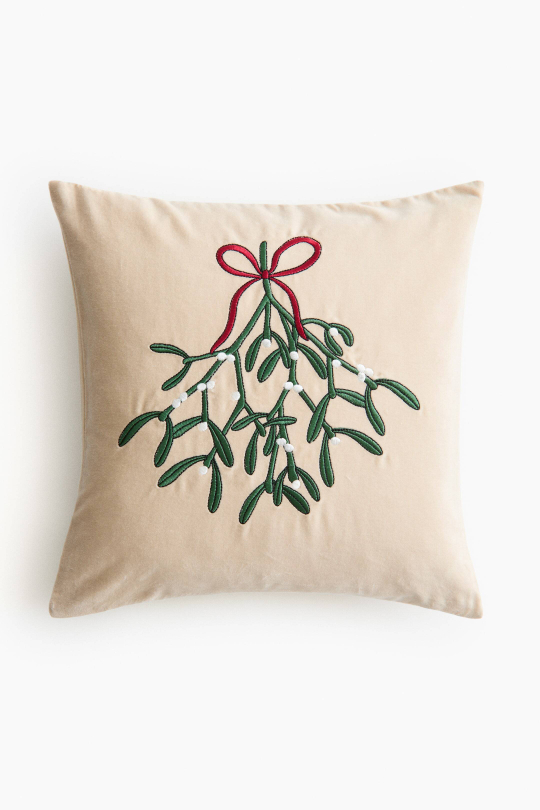 H&M HOME РОЖДЕСТВЕНСКИЙ БАРХАТНЫЙ ЧЕХОЛ НА ПОДУШКУ С ПРИНТОМ, БЕЖЕВЫЙ