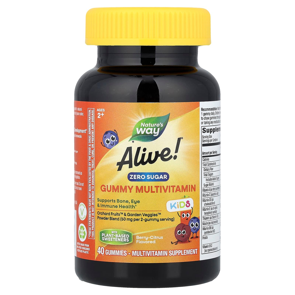 Nature's Way, Alive! ® Kids, жевательные мультивитамины без сахара, для детей от 2 лет, ягодно-цитрусовые, 40 жевательных таблеток