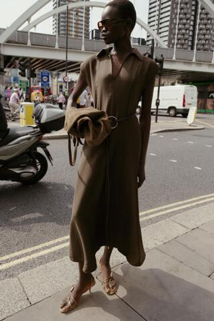 ZARA ПЛАТЬЕ МИДИ С ПОЯСОМ, КОРИЧНЕВЫЙ