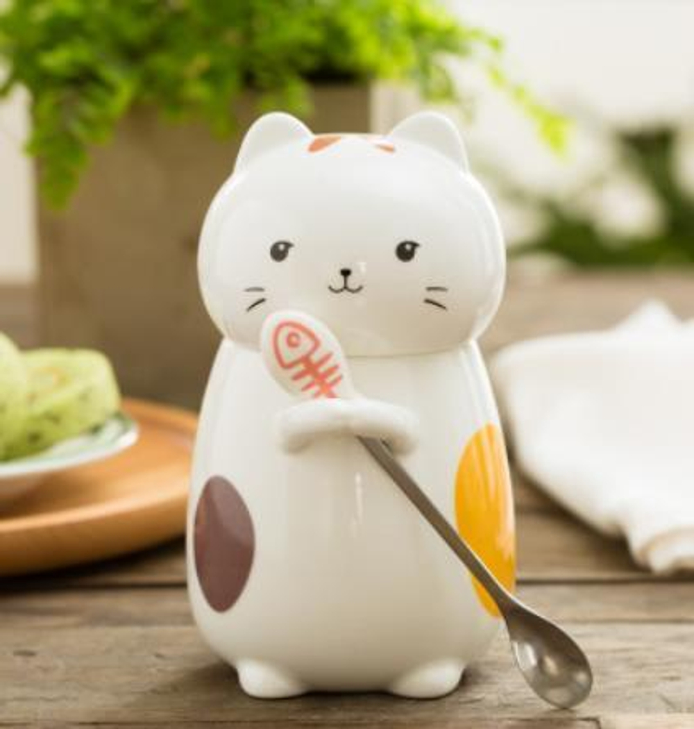 283004 Кружка "Котенок 3d откр.глаза" крышка+ложка, h=16,5см, d=7,5см, 400мл, керам/металл белый