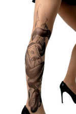 Колготки +size с имитацией тату в виде змеи (Размер: XL-XXL-XXXL) (Цвет: бежевый)