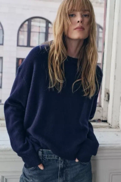 ZARA ОДНОТОННЫЙ СВИТЕР ИЗ 100% КАШЕМИРА, МОРСКОЙ СИНИЙ