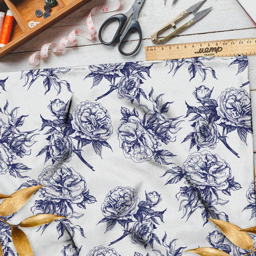 Ткань шелк Армани синие контуры цветов