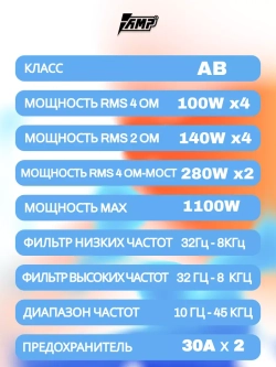 Усилитель звука четырехканальный автомобильный MASS 4.100