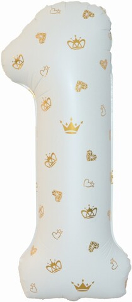 Шар (34''/86 см) Цифра, 1 Золотые короны, Белый, 1 шт. в уп., 131271