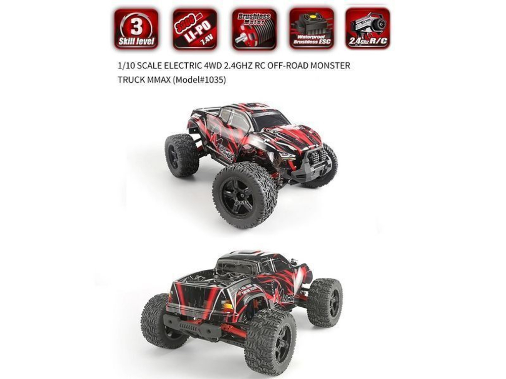 Радиоуправляемый монстр Remo Hobby MMAX Brushless 1/10 4WD с Li-Po аккумулятором, мощный и влагозащищенный, для активного отдыха