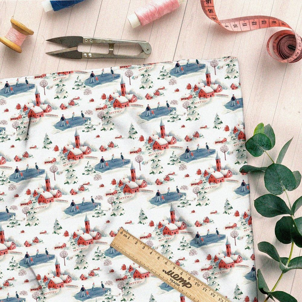 Ткань штапель зимняя деревушка