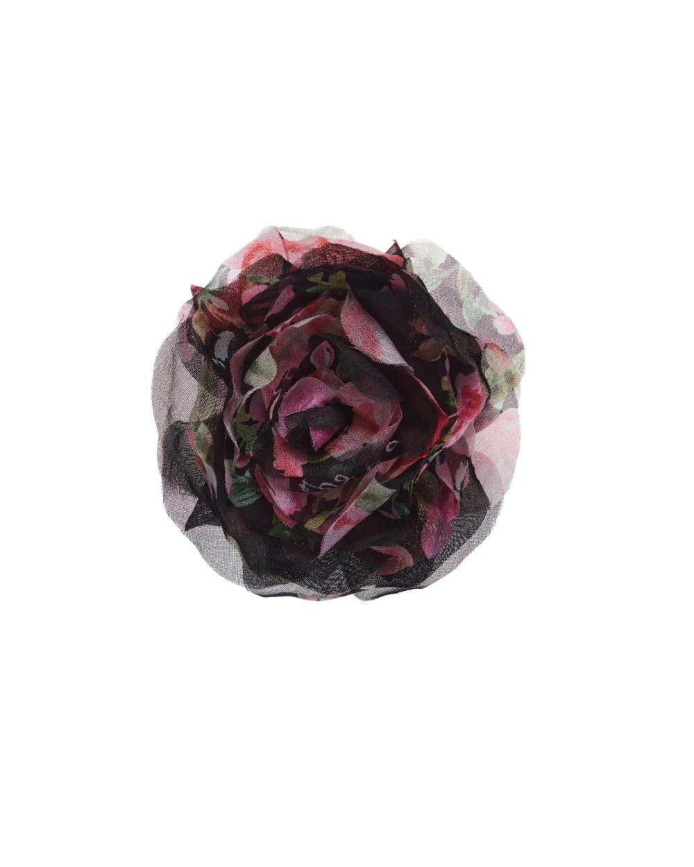 Flora, брошь - цветок черная из шифона с розовыми цветами