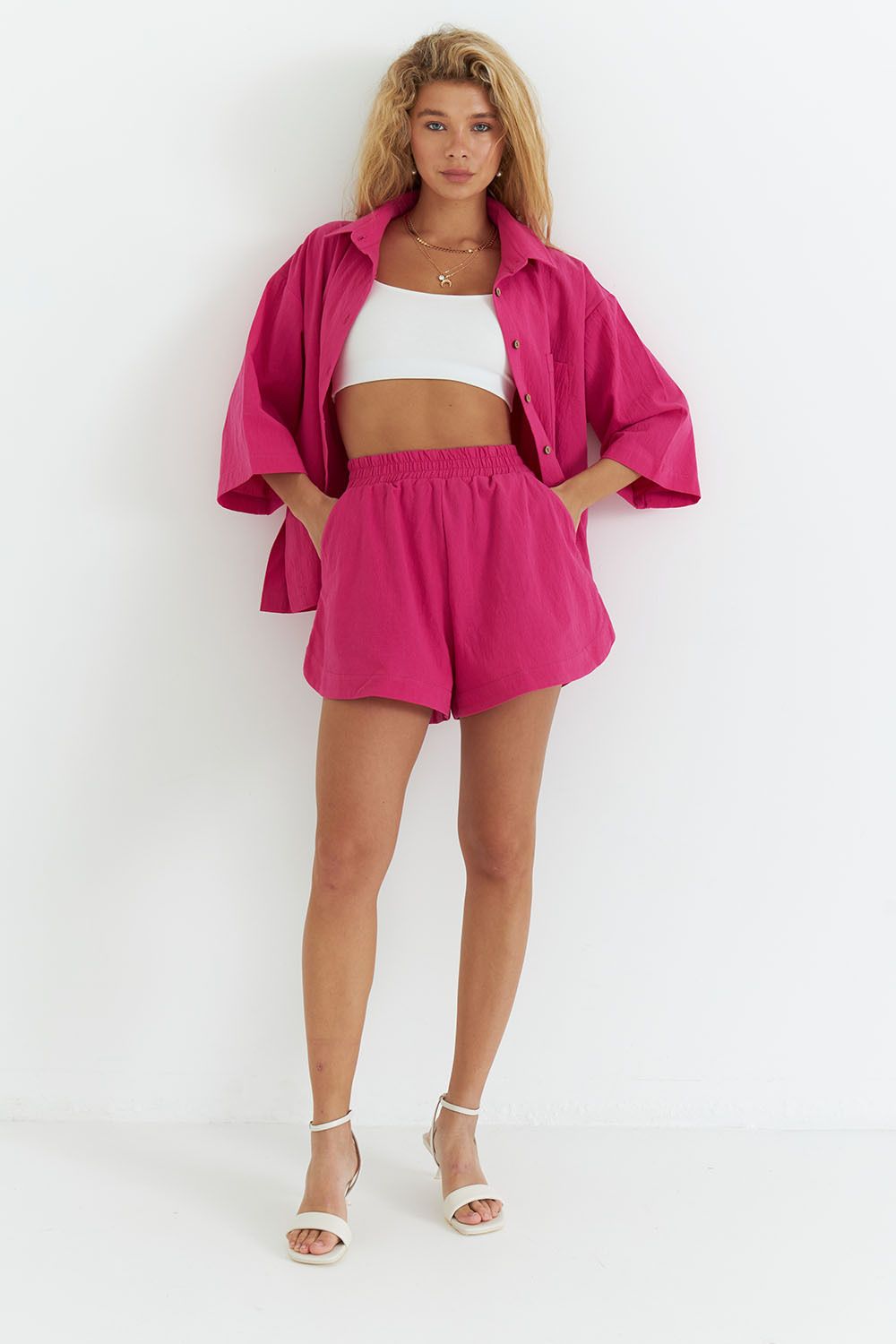 Шорты из вареного хлопка цвета фуксия