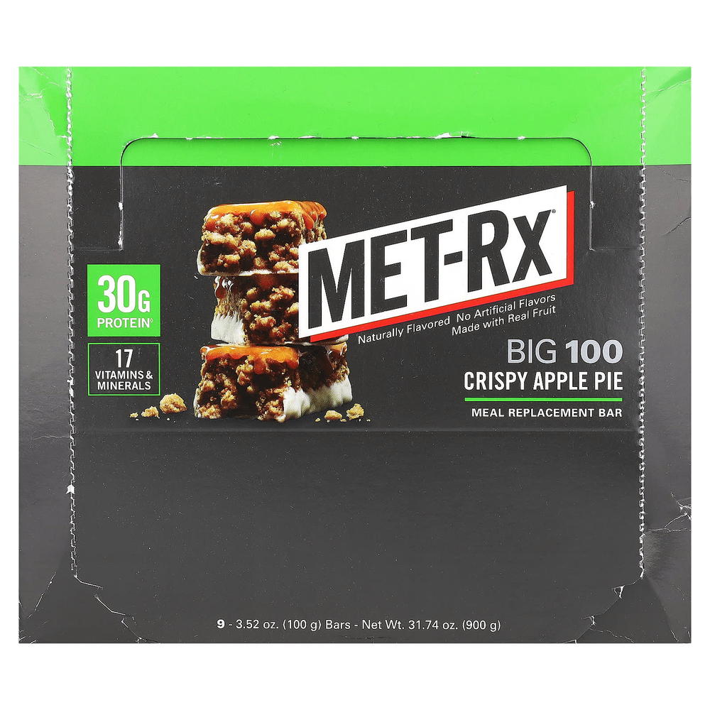 MET-Rx, Big 100, батончик для замены еды, хрустящий яблочный пирог, 9 батончиков, 100 г (3,52 унции)