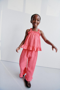 ZARA ТОП ИЗ 100% ЛЬНА С ВОЛАНАМИ, КОРАЛЛОВО-КРАСНЫЙ