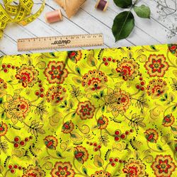 Ткань оксфорд 600 хохломские узоры на жёлтом