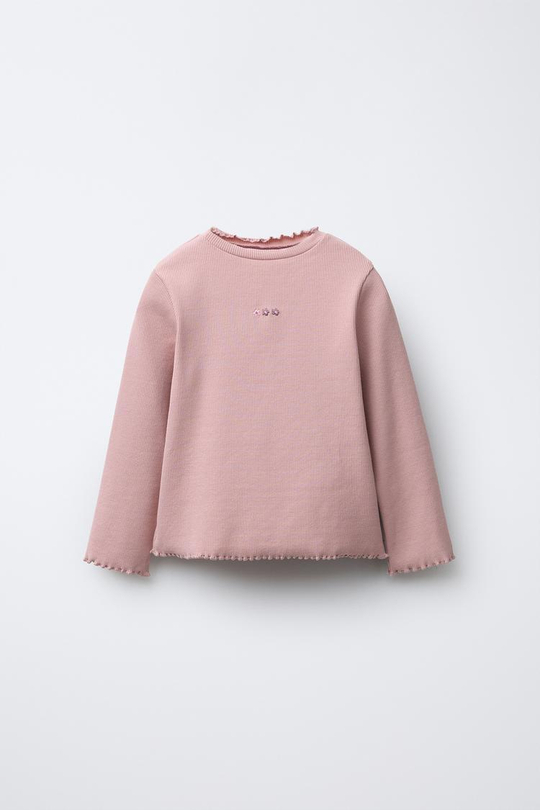 ZARA ФУТБОЛКА В РУБЧИК С ВЫШИВКОЙ, БЛЕДНО-РОЗОВЫЙ