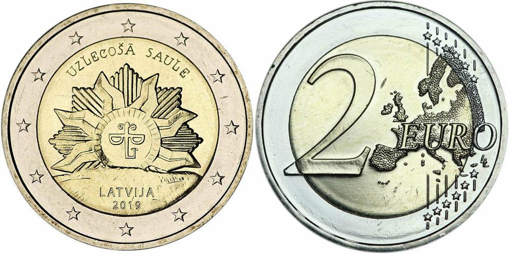 Латвия 2 евро, 2019 Восходящее солнце UNC