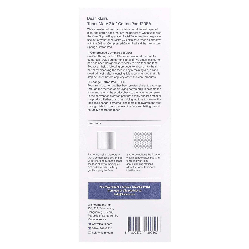 Dear, Klairs, Toner Mate 2 в 1 ватных дисках, 60 сжатых / 60 губчатых ватных дисков