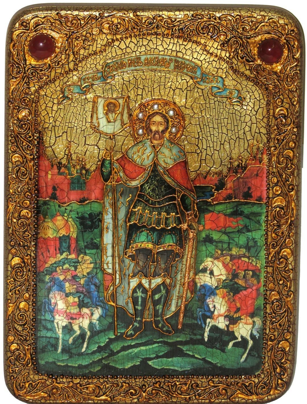 Инкрустированная икона Святой благоверный князь Александр Невский 29х21см на натуральном дереве в подарочной коробке