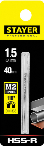 STAYER HSS-R, 1.5 х 40 мм, быстрорежущая сталь P6M5, сверло по металлу, Professional (29602-1.5)