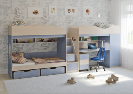 Трехъярусная кровать КарИВи Легенда 10.6  Дуб Молочный Светло-синий, голубой