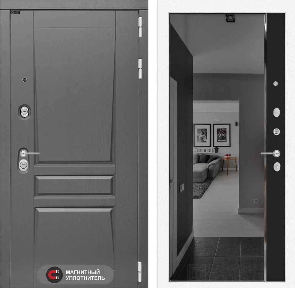 Дверь Входная Лабиринт Платинум С зеркалом Панорама с тонировкой Черный кварц,