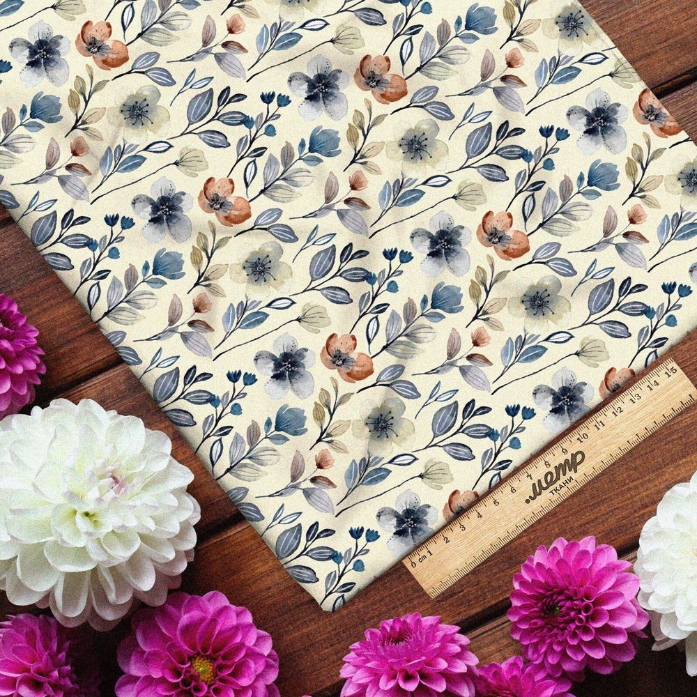 Ткань лен акварельные цветы на бежевом