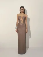 Платье макси из экокожи с металлической вставкой, Бежевый