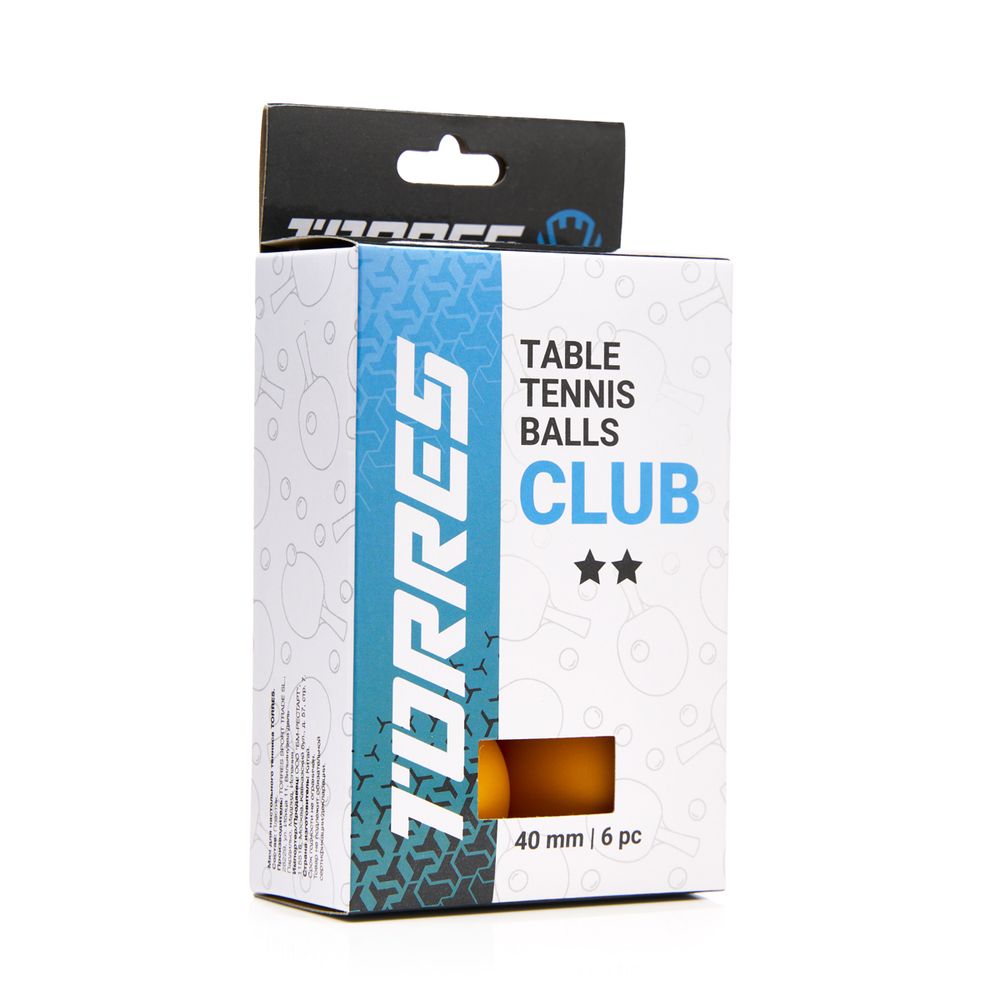 Мяч для наст. тенниса TORRES Club 2*, TT23013, диам. 40+ мм, упак. 6 шт, оранжевый
