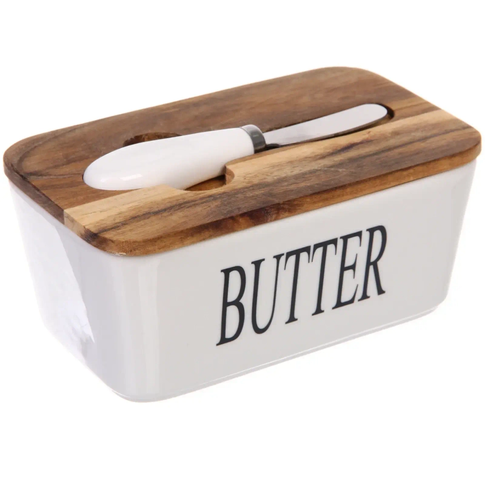 Масленка керамическая «White magic» 16,5*10*8см с крышкой из акации и ножом для масла, белая