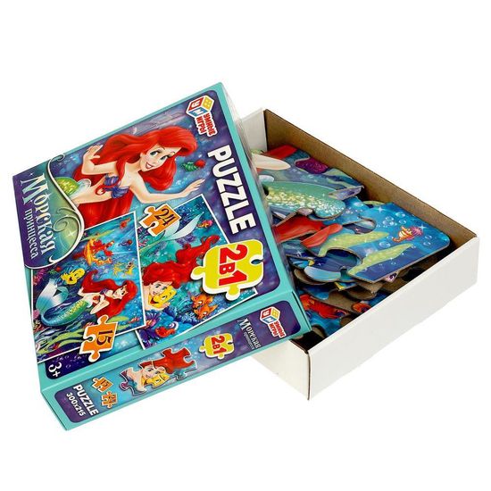 Пазлы в коробке. Набор 2в1: 15 и 24 детали. Морская принцесса. 190х140х35 мм. Умные игры 