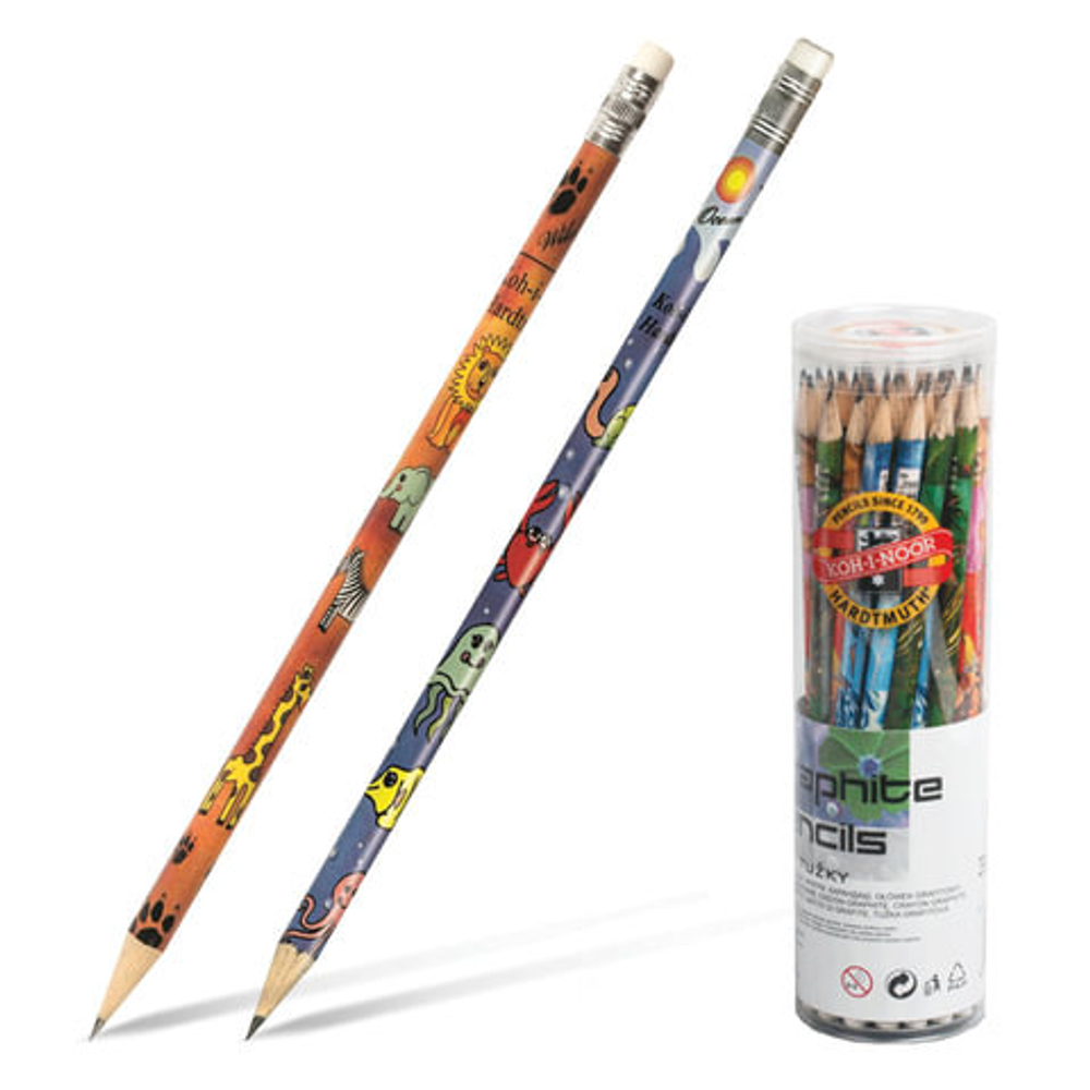 Карандаш чернографитный KOH-I-NOOR, 1 шт., "Safari + Sea", НВ, с резинкой, корпус ассорти, заточенный, 1231036005TD