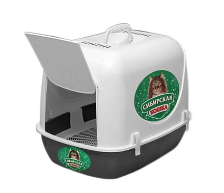 Туалет-домик для кошек закрытый с дверцей и сеткой Сибирская кошка АЛЬБУС - 50*38*h40 см пепельный