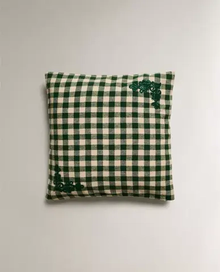 ZARA HOME ХЛОПКОВАЯ НАВОЛОЧКА НА ПОДУШКУ С ВЫШИВКОЙ В КОНТРАСТНУЮ КЛЕТКУ, ЗЕЛЕНЫЙ