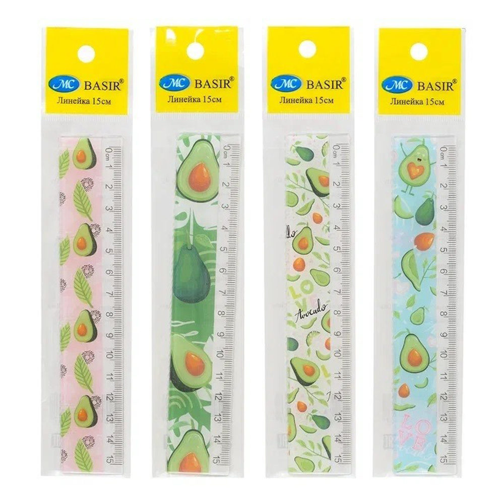 Линейка Basir пластиковая, серия "Авокадо", с рисунком авокадо на корпусе, 15 см