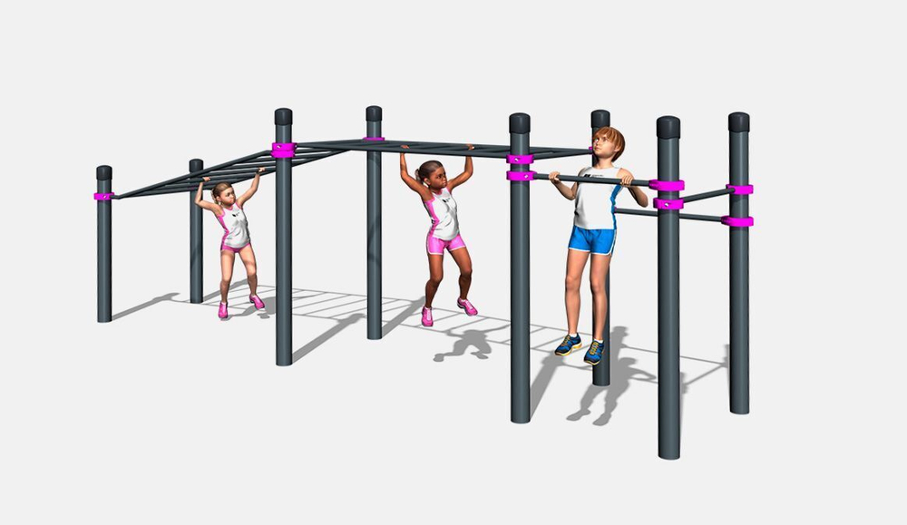 Детский рукоход двухсекционный с подъёмом и 3 турника