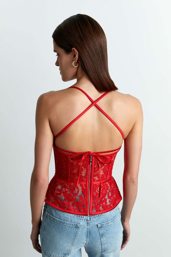 Топ драпированный корсетного типа из сатина и кружева