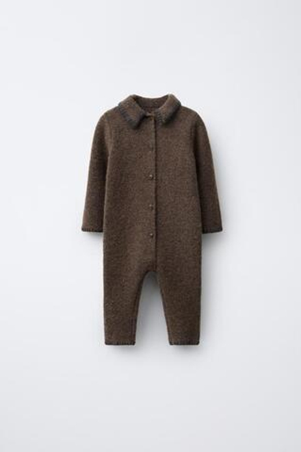 ZARA ВЯЗАНЫЙ КОМБИНЕЗОН С КОНТРАСТНЫМИ ДЕТАЛЯМИ, КОРИЧНЕВЫЙ