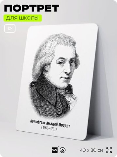 Портрет для школы в кабинет музыки "Вольфганг Амадей Моцарт", стенд школьный для класса, деятели науки для оформления классного уголка, 40х30 см, Silver Plane x Айдентика Технолоджи