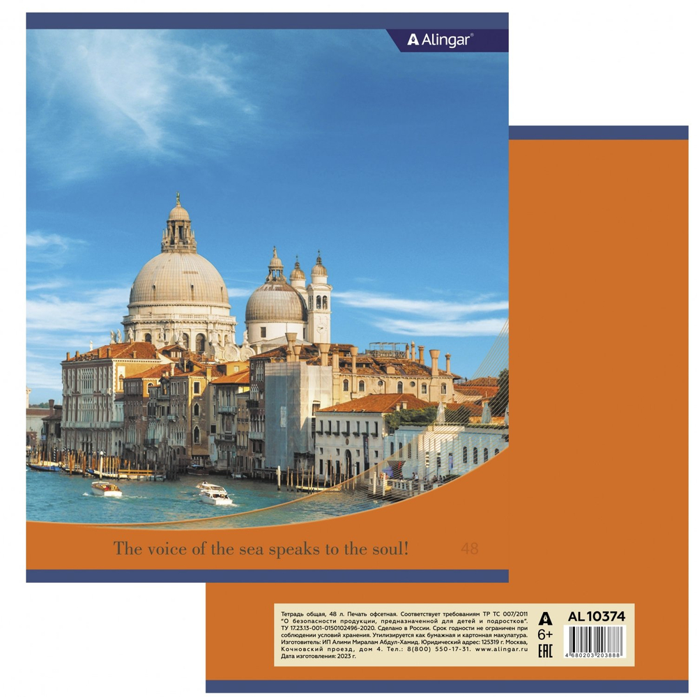 Тетрадь 48л., А5, клетка, Alingar "Европейские города", скрепка, мелованный картон (стандарт), блок офсет, 4 дизайна в пленке т/у