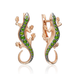 Серьги «Ящерицы» с английским замком из красного золота с хромдиопсидами