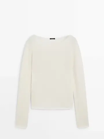 Massimo Dutti Свитер из тонкой шерсти с окантовкой, светло-бежевый