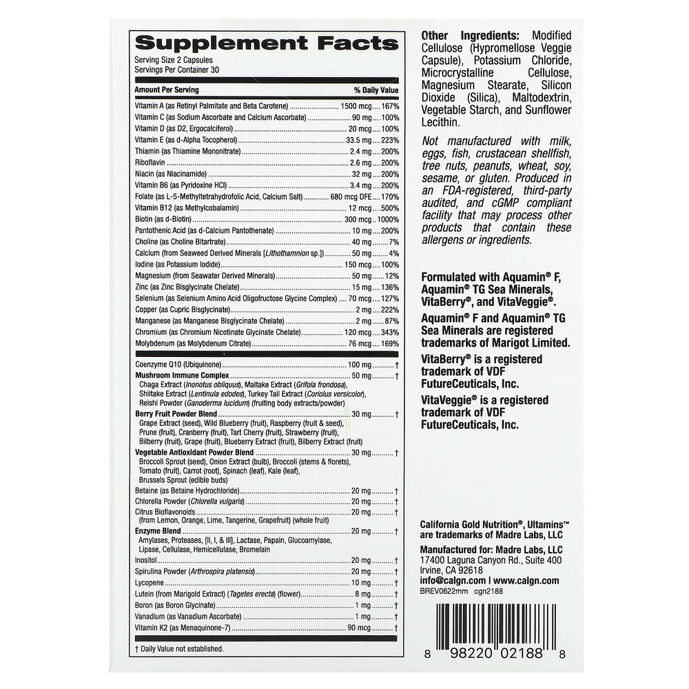 California Gold Nutrition, Ultamins, мультивитаминный комплекс для мужчин с коэнзимом Q10, грибами, ферментами, овощами и ягодами, 60 растительных капсул