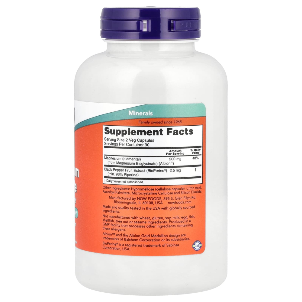 NOW Foods, глицинат магния с BioPerine®, 180 растительных капсул