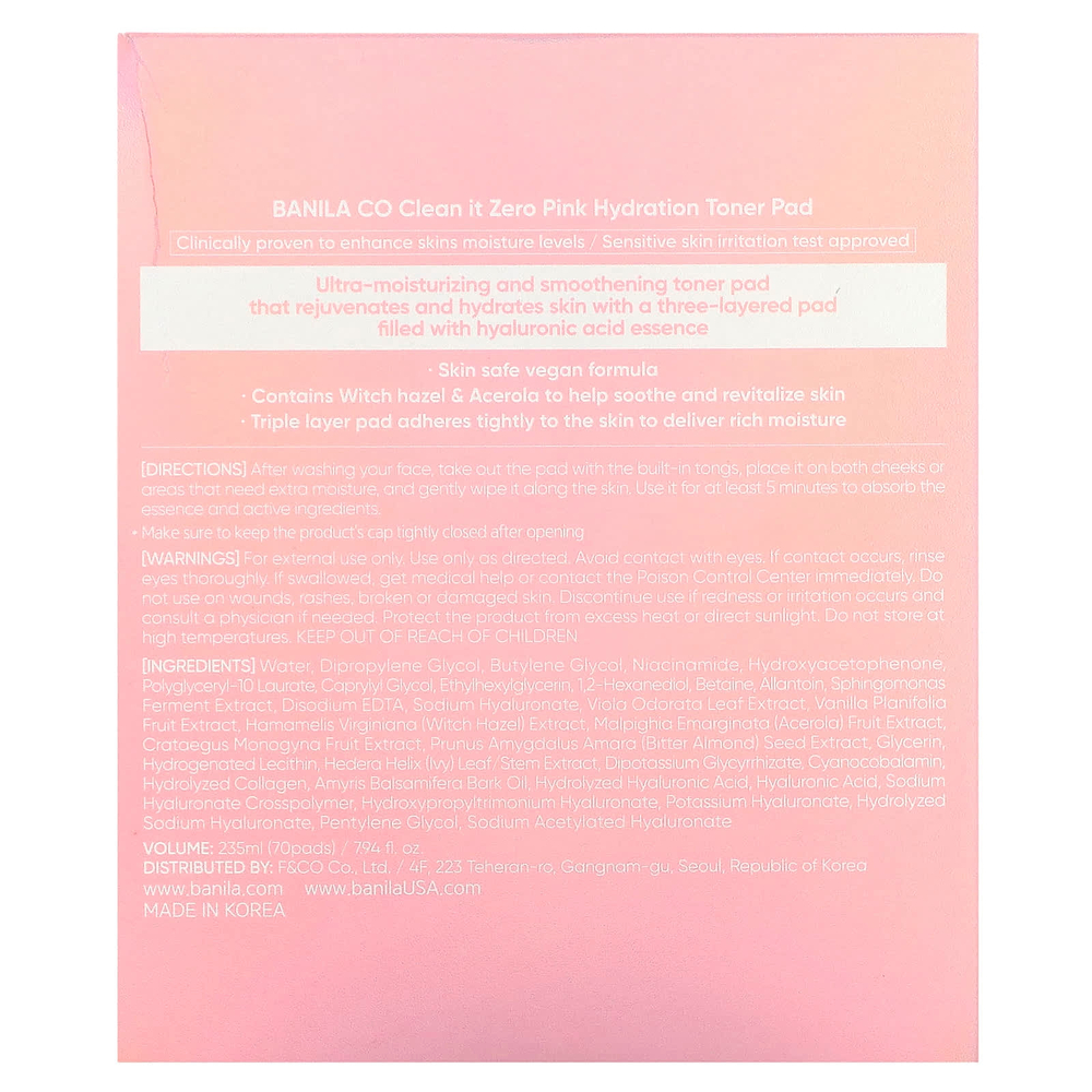 Banila Co, Clean it Zero, увлажняющие салфетки с розовым тонером, 70 подушечек, 235 мл (7,94 жидк. унц.)