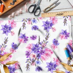 Ткань барби васильки, колокольчики и георгины на белом фоне