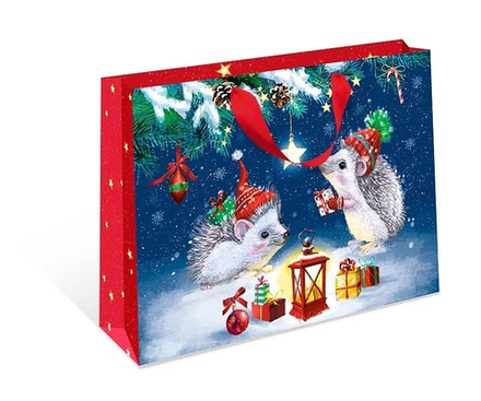 Пакет подарочный ХL горизонтальный, "Ежики с новогодними подарками", 40*50*15 см (Д*В*Ш), 1 шт.