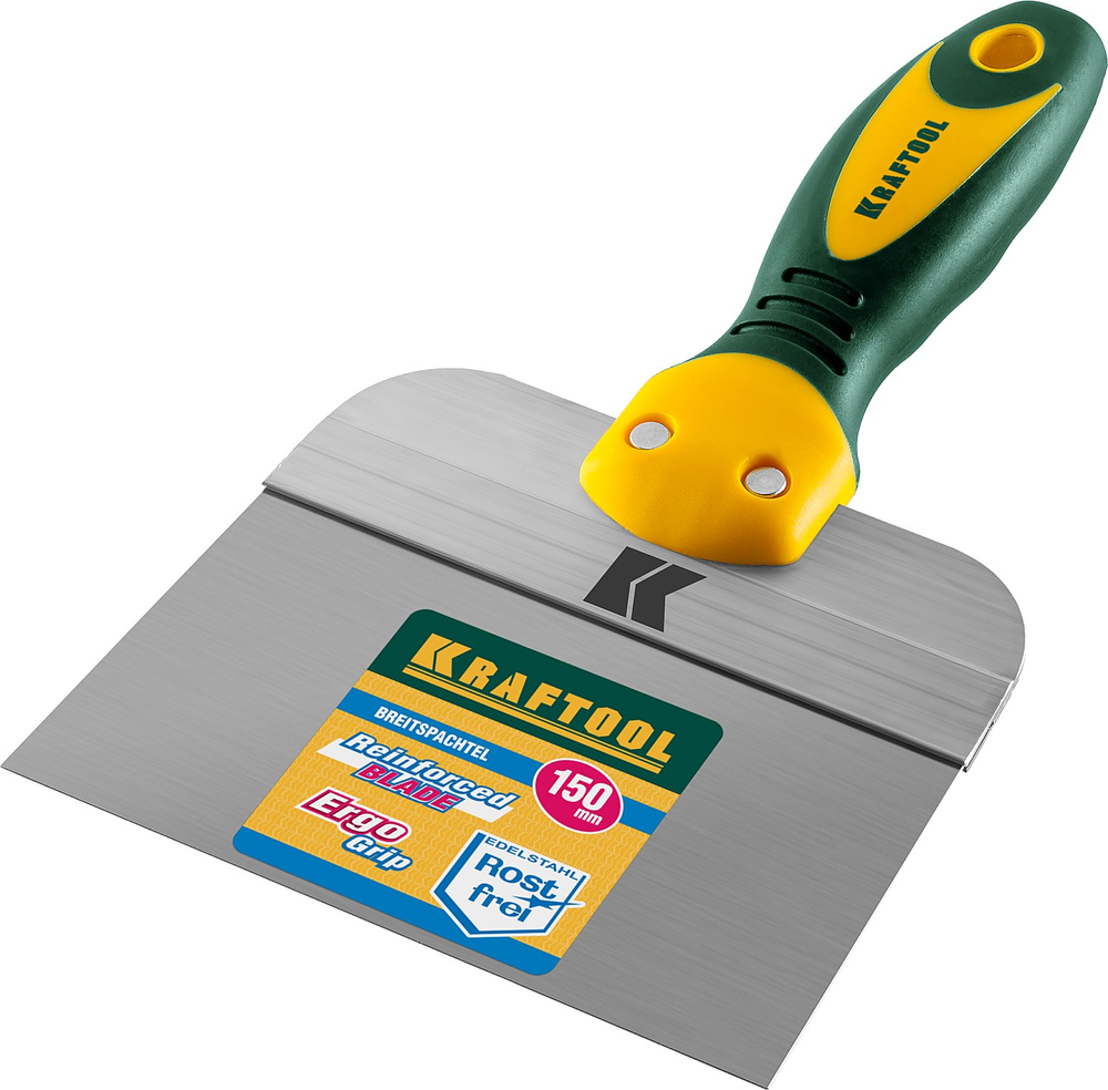 KRAFTOOL 150 мм, широкое полотно, алюминиевая направляющая, двухкомпонентная ручка, нержавеющий, фасадный шпатель (10036-150)