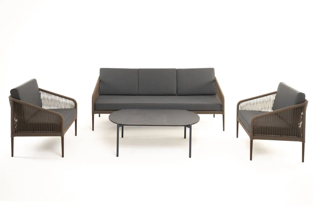 "Канны" лаунж-зона 5-местная из роупа со столом "Верона" (серый гранит), каркас алюминиевый коричневый, роуп коричневый