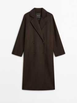 Massimo Dutti Длинное двубортное пальто из смесовой шерсти, шоколадный