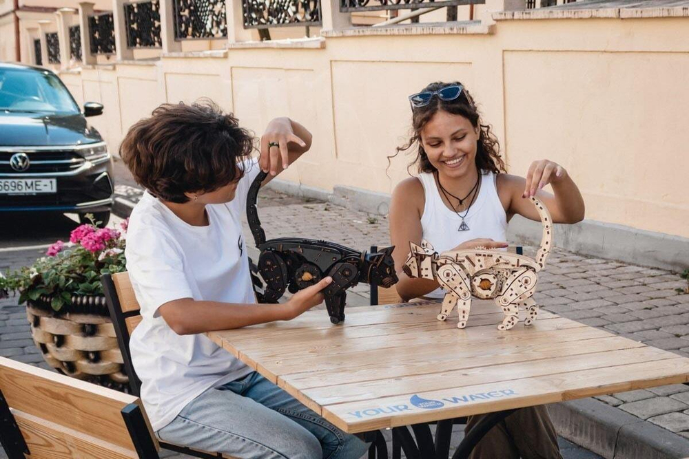 Механический Черный Кот от Eco Wood Art (EWA) - Деревянный конструктор, сборная механическая модель, 3D Пазл